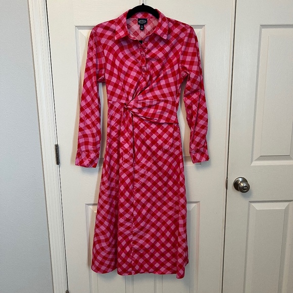 Scoop Salsa Small Wavy Gingham Side Knot Poplin Midi Shirt Dress Size S - Picture 1 of 4